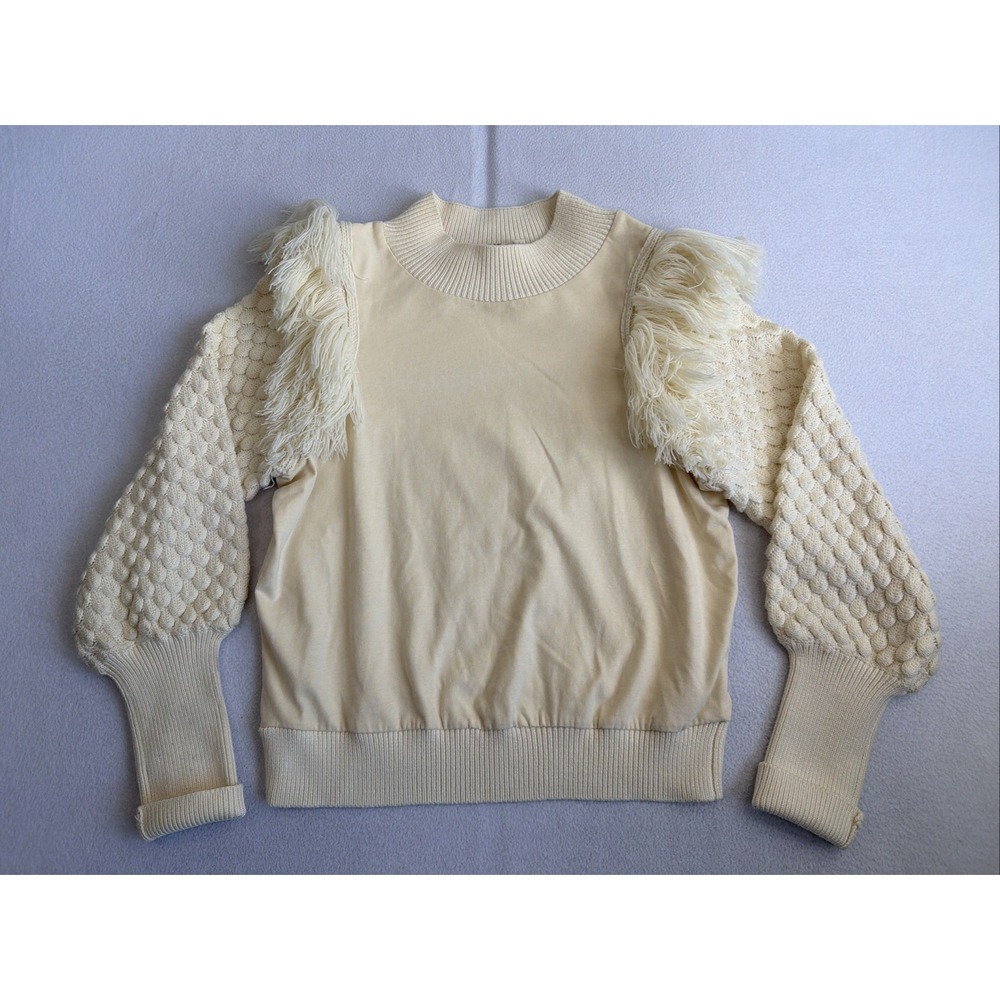 Anthropologie DOLAN Left Coast Fringe Sleeve Sweater Ivory Medium Popcorn Knit